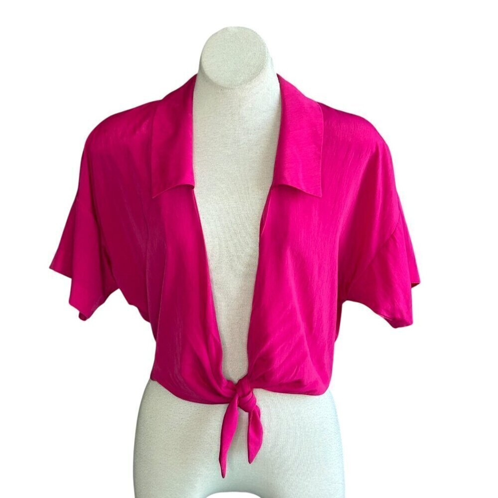 N. R. 1 Vintage 90s Neon Pink Tie Front Blouse Petite